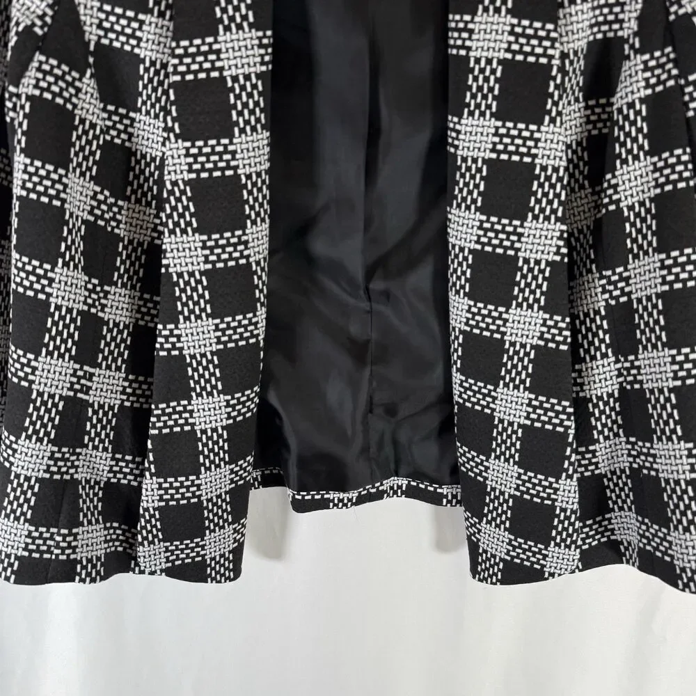 Kasper Blazer Womens 12P White Black Plaid Pocketless Knit Open Front 3/4 Sleeve